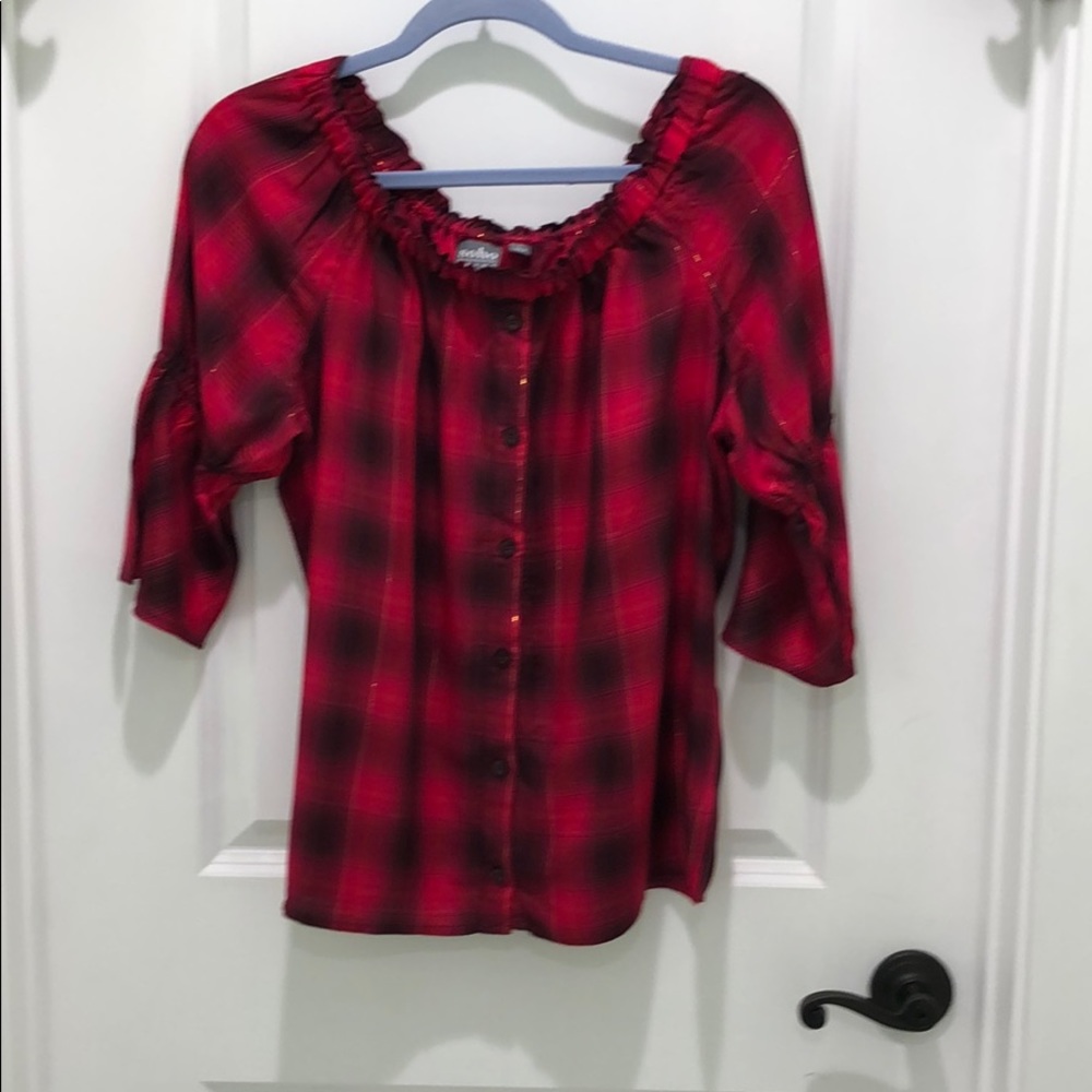 New York & Co plaid off-the-shoulder top